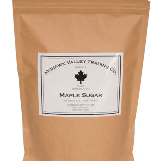 Mohawk Valley Trading Company powdered maple sugar (1lb.) in a brown paper bag.